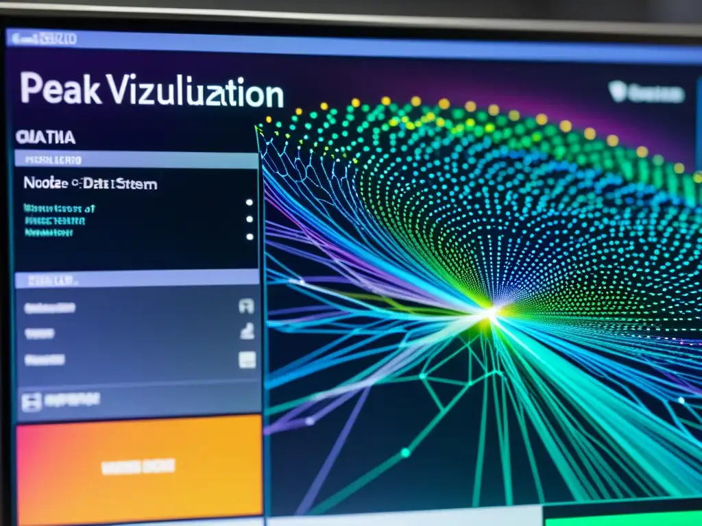 Compleja visualización de red para monitoreo de aplicaciones en Linux, con vibrantes colores y detalles futuristas