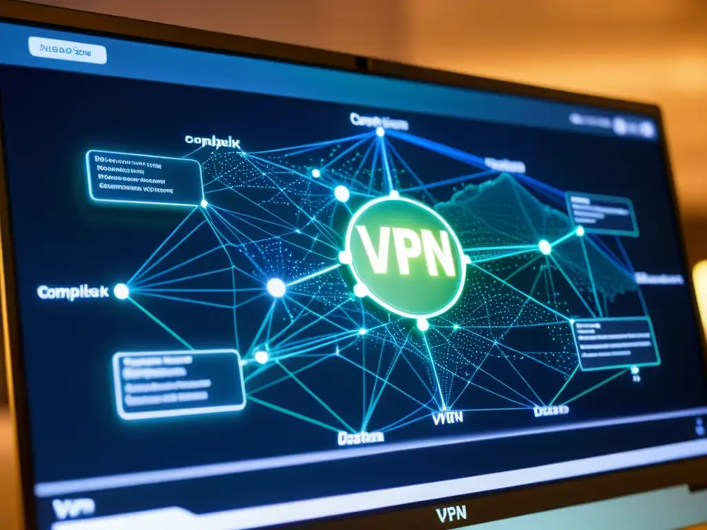 Compleja red de nodos interconectados en una pantalla de computadora iluminada, simbolizando la complejidad de VPN