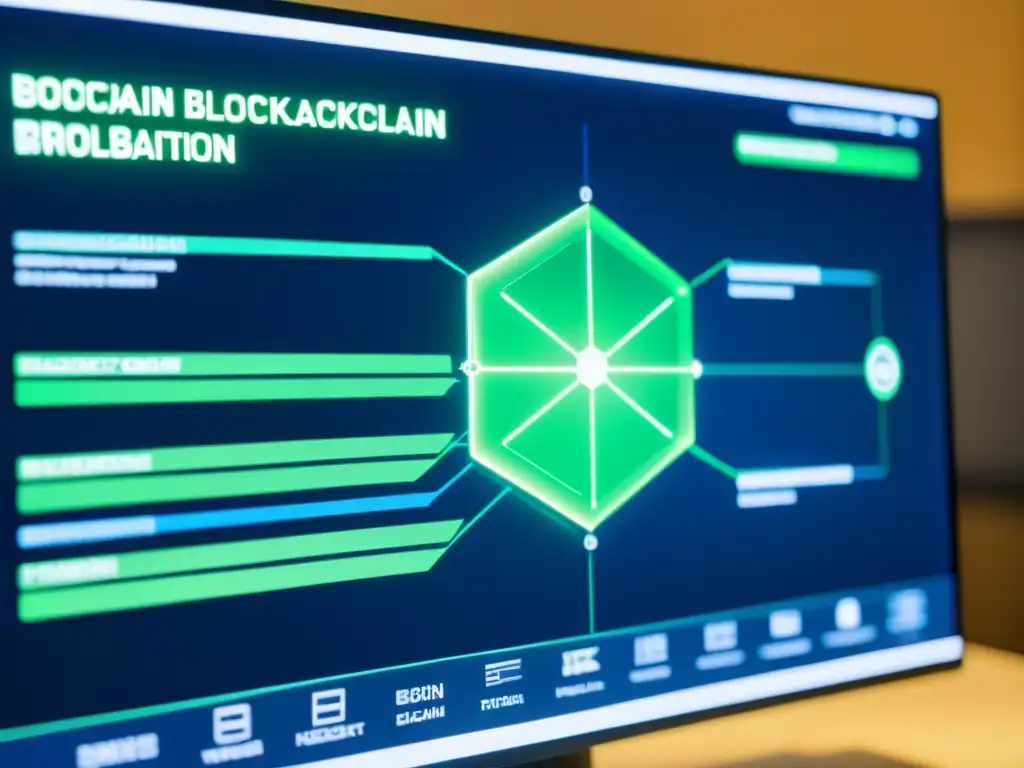 Compleja transacción de blockchain con nodos y datos en pantalla de ordenador