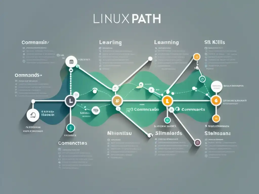 Complejo mapa de rutas de aprendizaje en Linux con nodos interconectados que representan habilidades, comandos y conceptos, sobre fondo blanco