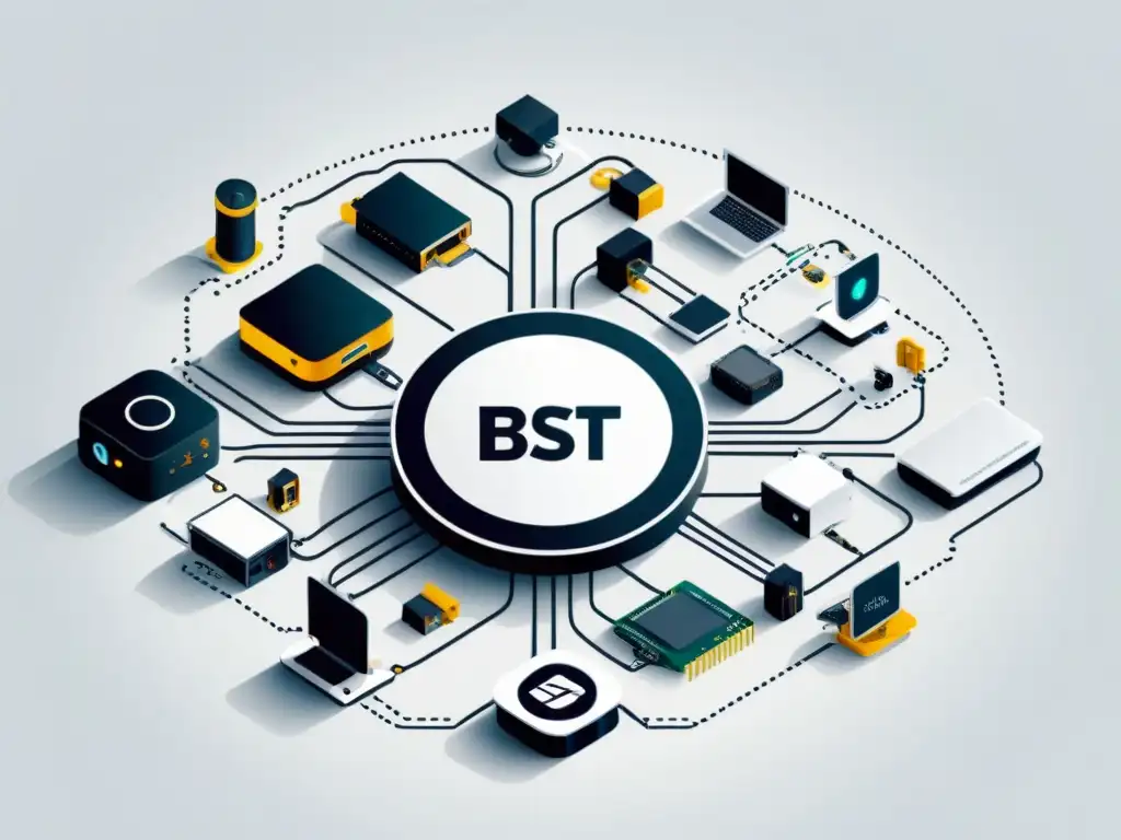 Una composición minimalista de dispositivos IoT interconectados, destacando sistemas operativos Linux y BSD