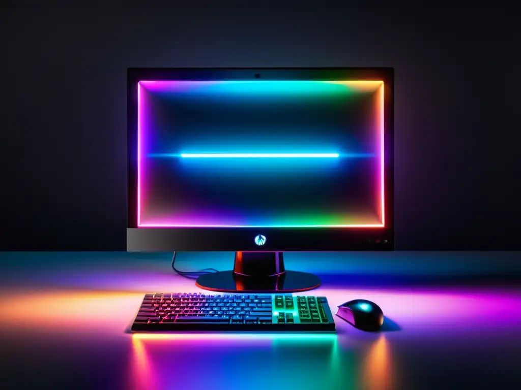 Una computadora de escritorio moderna con iluminación RGB en un ambiente oscuro, exudando sofisticación y personalización de iluminación RGB en Linux