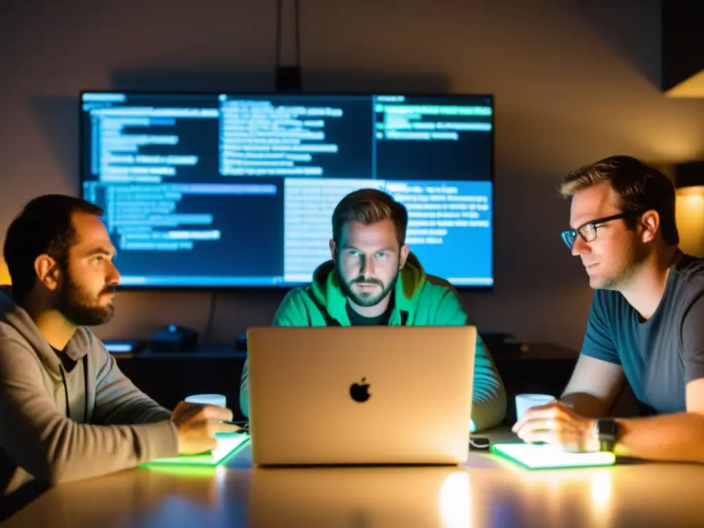 Comunidad de desarrolladores en Linux y BSD colaborando en una habitación con laptops y código, mostrando la intensa camaradería y enfoque