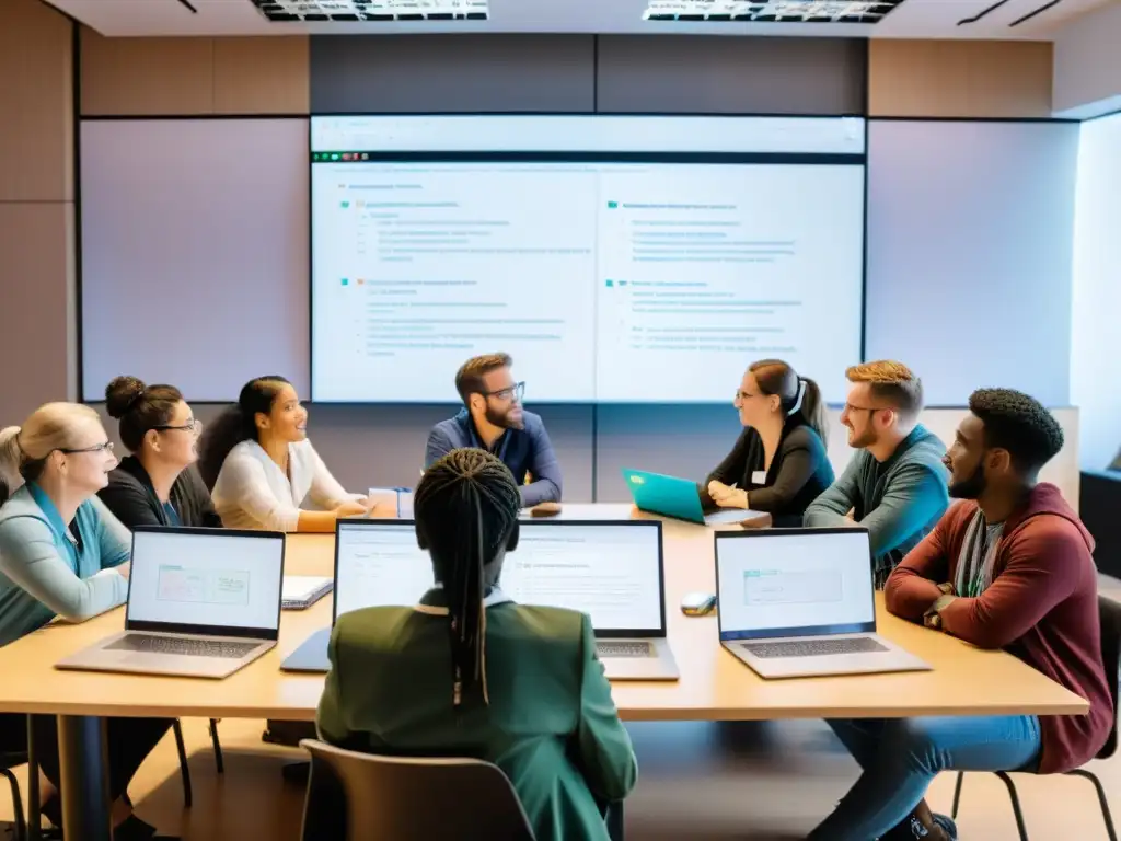 Una comunidad diversa de desarrolladores de software colabora en una sala llena de luz natural y arte