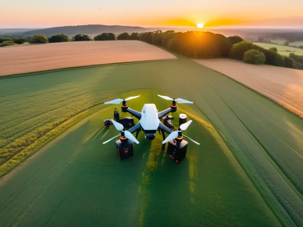 Comunidad de usuarios de drones compatibles con Linux reunidos al atardecer en el campo, con drones volando sobre ellos