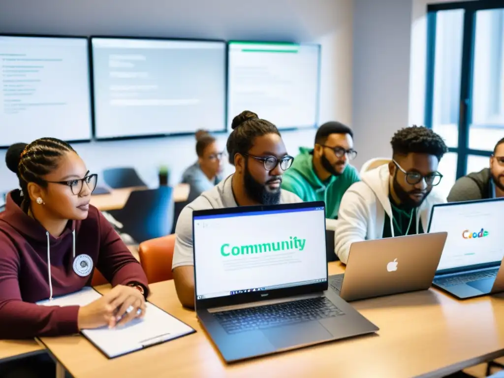 Comunidades en desarrollo de software libre colaborando en equipo, rodeadas de laptops, notas y pizarras con diagramas y código