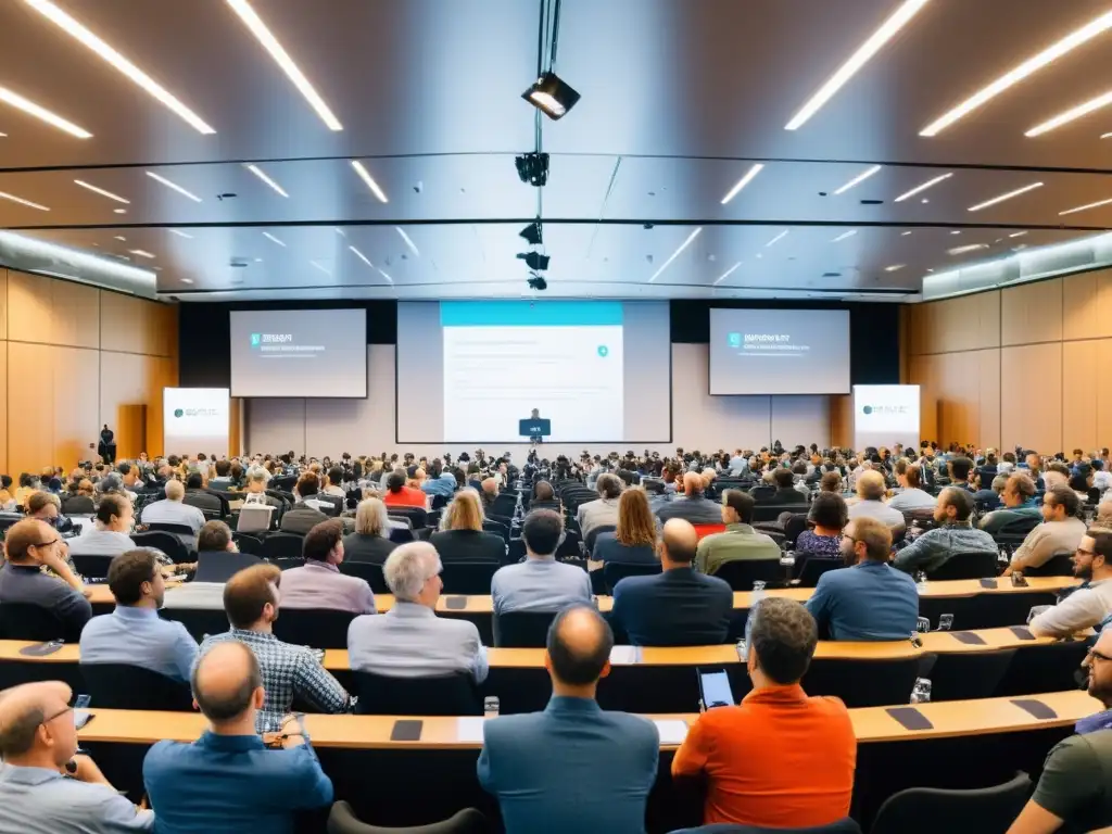 Una conferencia de software libre llena de participantes inspirados, contribuciones al Software Libre historias inspiradoras