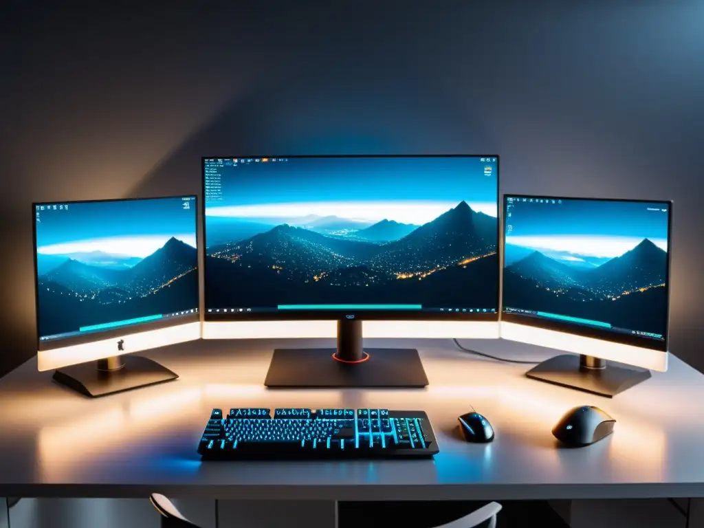 Una configuración de computadora elegante y moderna con monitores que muestran código avanzado y comandos de Linux