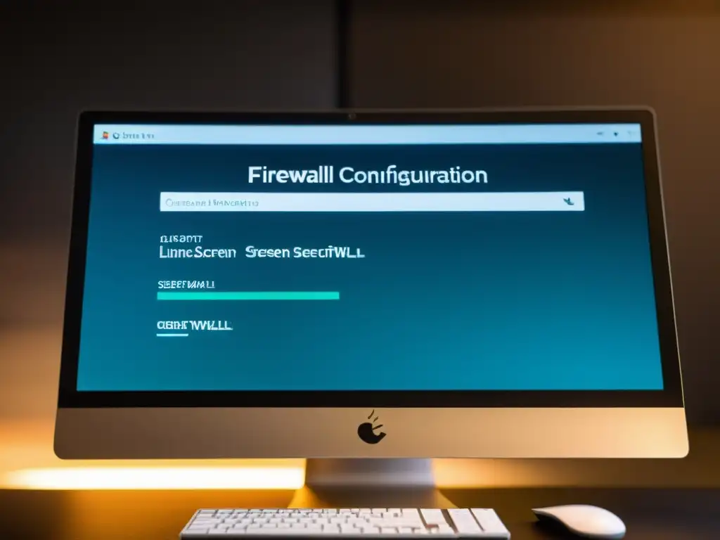 Configuración eficaz firewall Linux en pantalla de ordenador en oficina profesional, transmitiendo seguridad y eficiencia digital avanzada