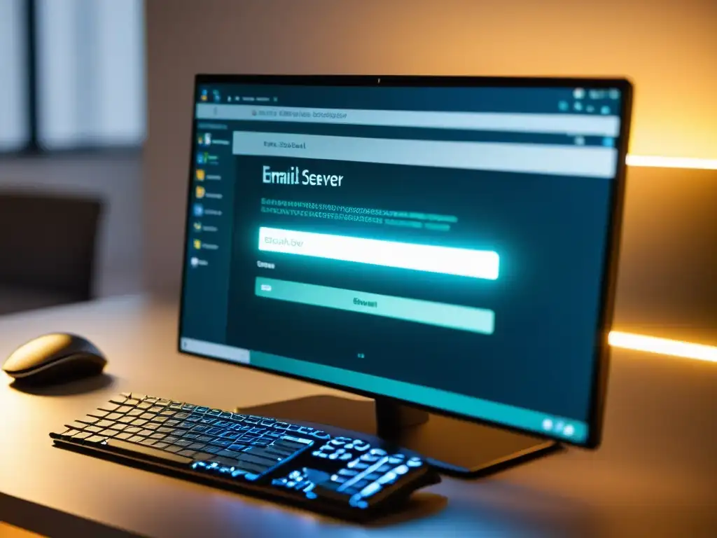Configuración de Postfix para empresas: Detalles de configuración en pantalla, elegante entorno de trabajo con iluminación suave