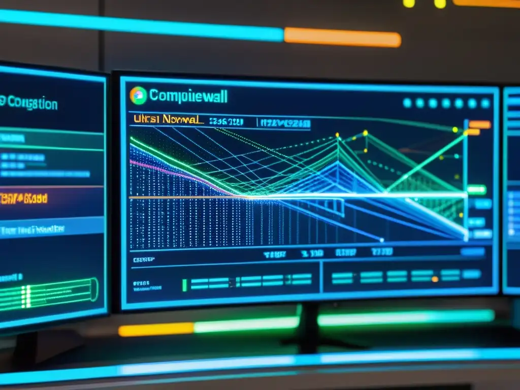 Configuración de firewalls en BSD: Pantalla de alta tecnología con compleja interfaz de red y datos visualizados en tonos futuristas y minimalistas