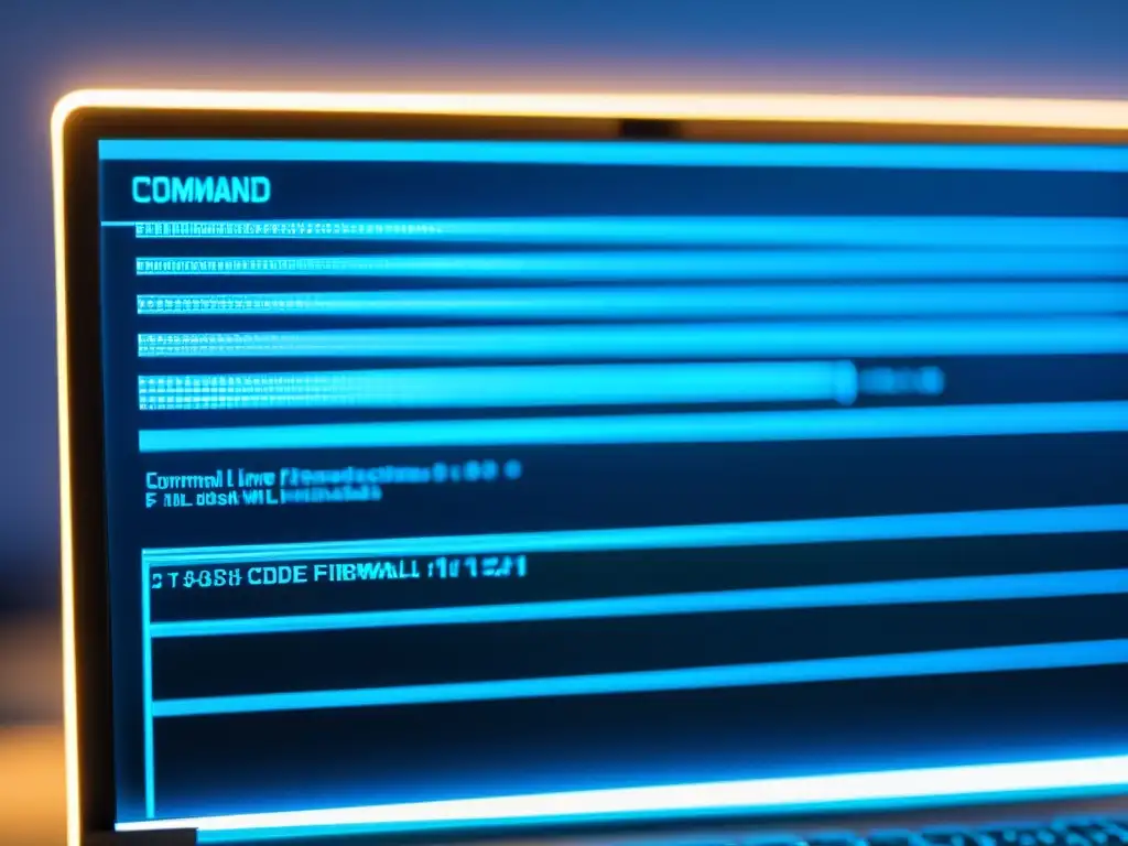 'Configuración de Firewalls en Sistemas Alternativos: Imagen detallada de pantalla de computadora con código en interfaz minimalista y luz azul suave