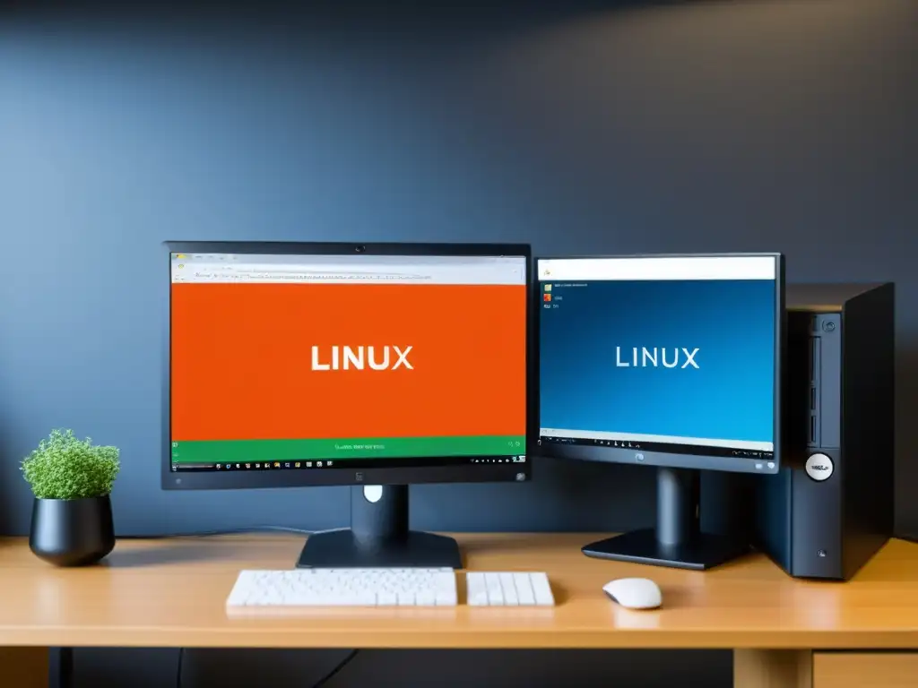 Una configuración informática moderna muestra Linux y Windows en monitores duales, destacando las ventajas de cambiar a Linux