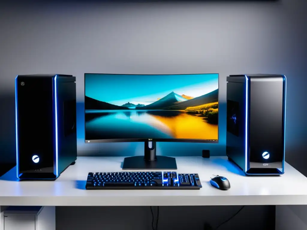 Una configuración gaming Linux óptima con PC potente, agua refrigerada, ultrawide monitor y escritorio minimalista