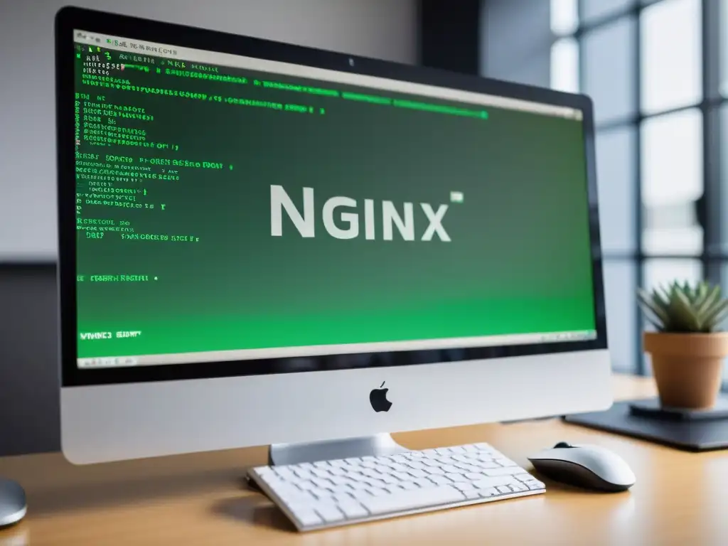 Configuración servidores web Linux: Detalle de una configuración Nginx en pantalla, en un entorno minimalista y profesional, con luz suave natural