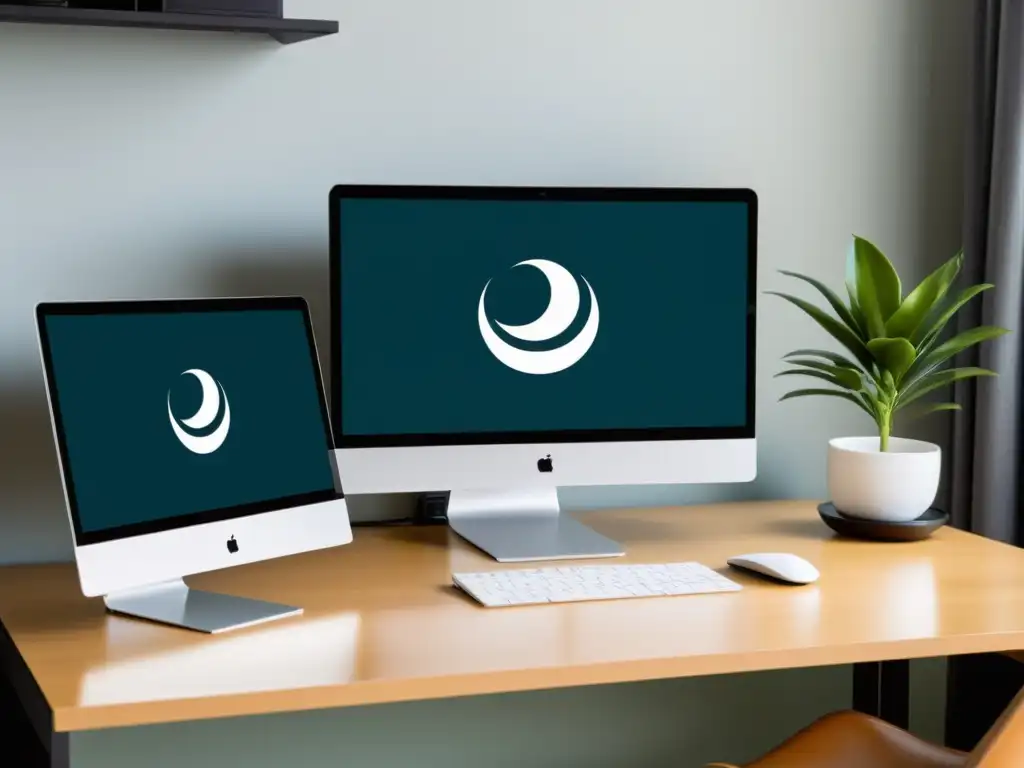 Configuración perfecta de pantallas múltiples en Linux: Imagen minimalista de un elegante portátil conectado a dos monitores externos, destacando un espacio profesional y eficiente