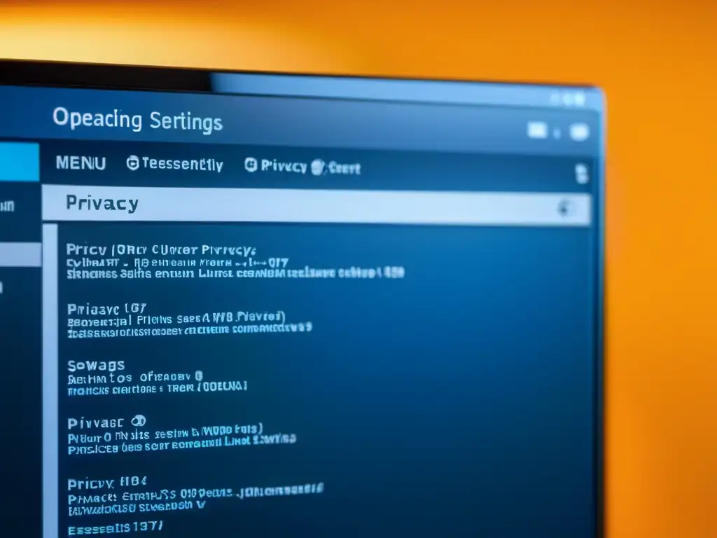 Configuración de privacidad del sistema Linux, menú detallado en pantalla con enfoque en opciones y tono profesional