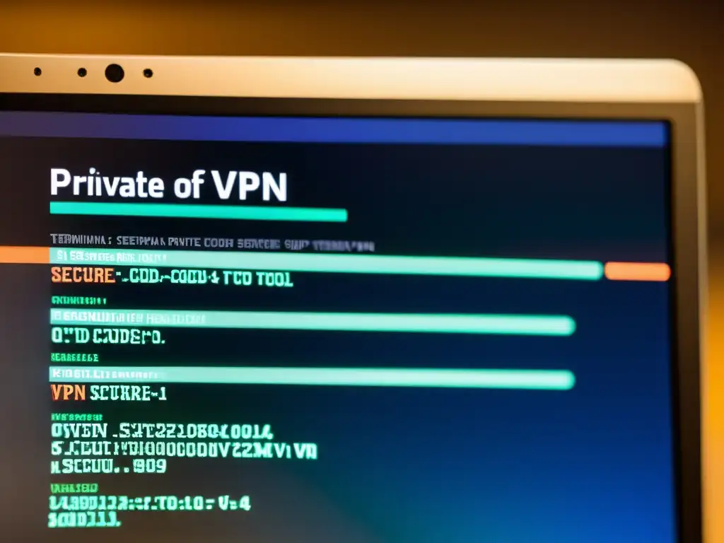 Configuración de VPN privada con herramientas Open Source en pantalla con código y comandos terminales, profesional y estético