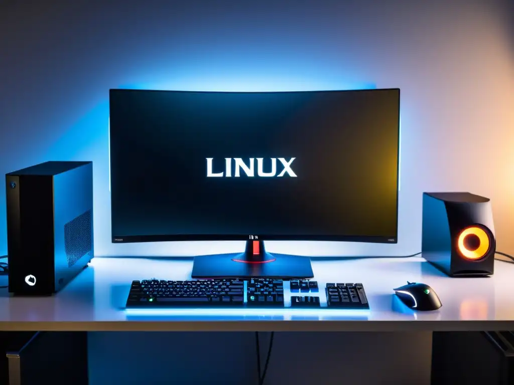 Configuraciones gaming Linux óptimas: Escenario de alta tecnología con PC gaming y monitor de alta resolución en un ambiente minimalista