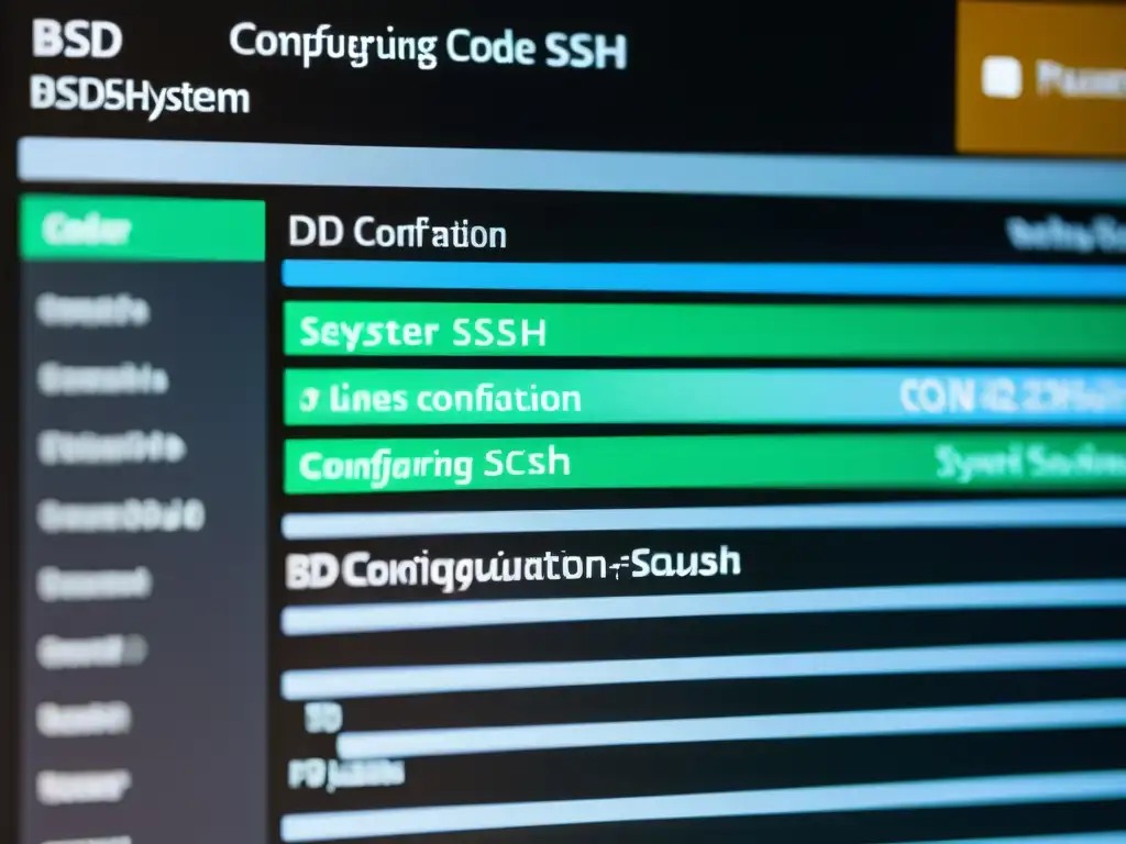 Configuraciones seguras SSH en BSD: Detalle del código nítido y claro en la pantalla de un ordenador, transmitiendo profesionalismo y modernidad