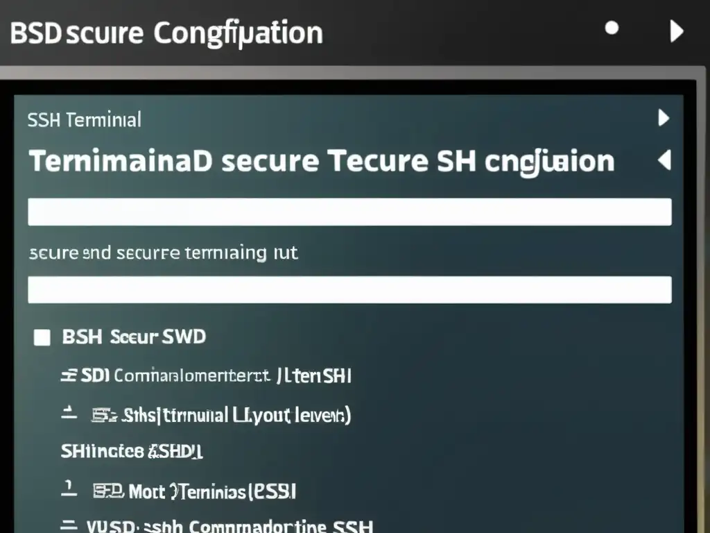 Configuraciones seguras SSH en BSD: Imagen minimalista de un terminal BSD mostrando detalles nítidos de la configuración