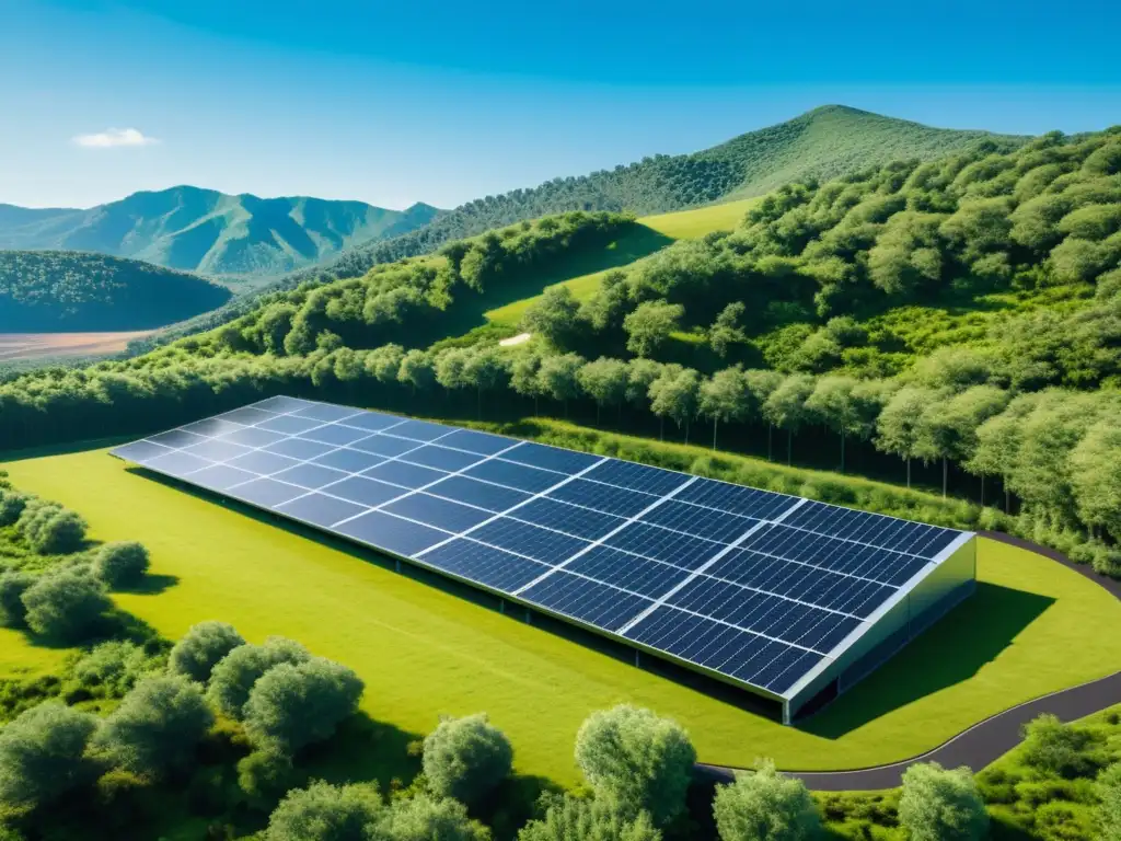 Construcción de data centers ecológicos: Centro de datos moderno y sostenible en un entorno natural, con paneles solares y diseño minimalista