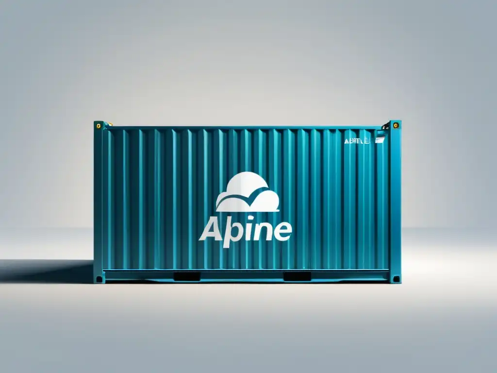 Un contenedor Docker con Alpine Linux en un entorno minimalista y moderno, reflejando eficiencia y seguridad