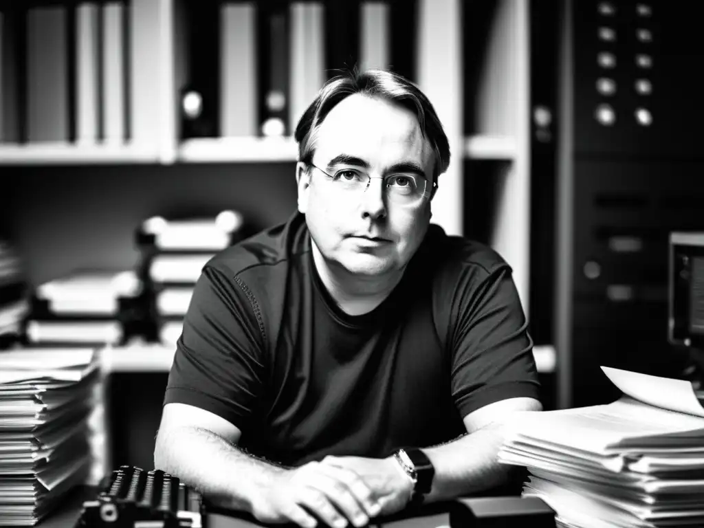 Linus Torvalds, creador de Linux, concentrado en su computadora rodeado de papeles y piezas