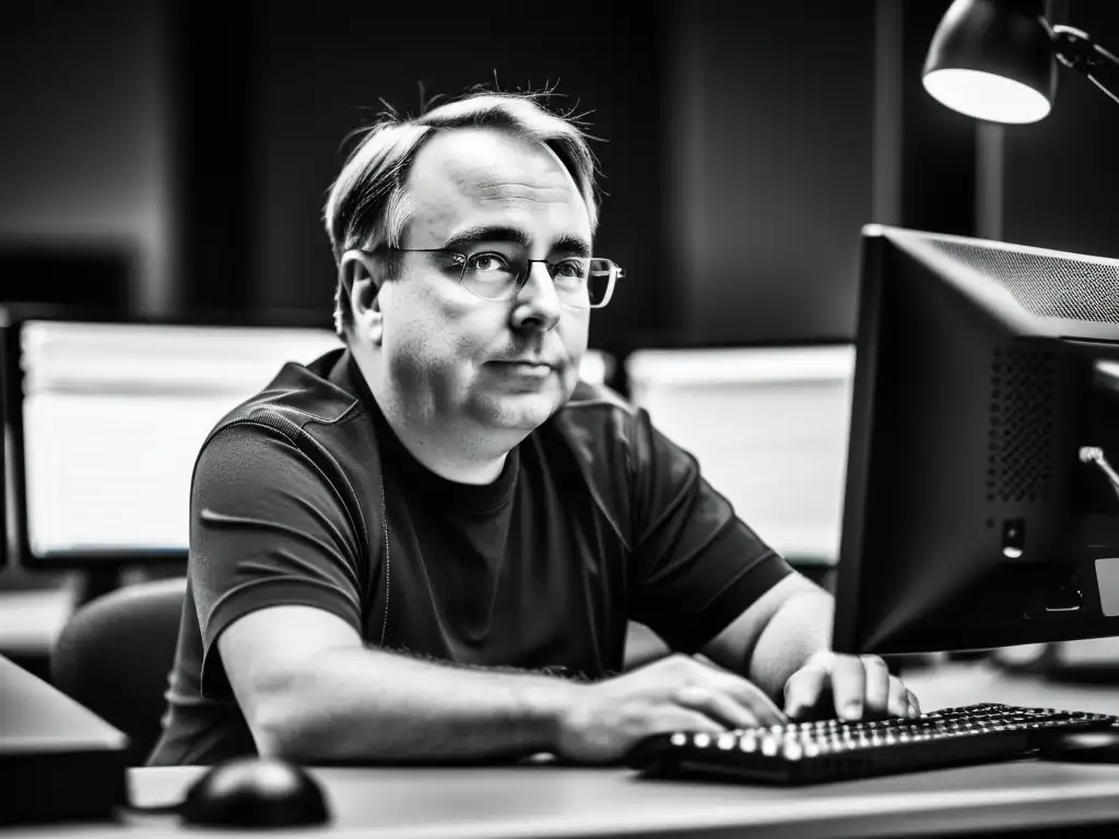 Linus Torvalds, creador de Linux, concentra su genio en la codificación, rodeado de monitores y equipo de programación en una fotografía documental en blanco y negro, capturando la esencia de los Guardianes del sistema operativo Linux