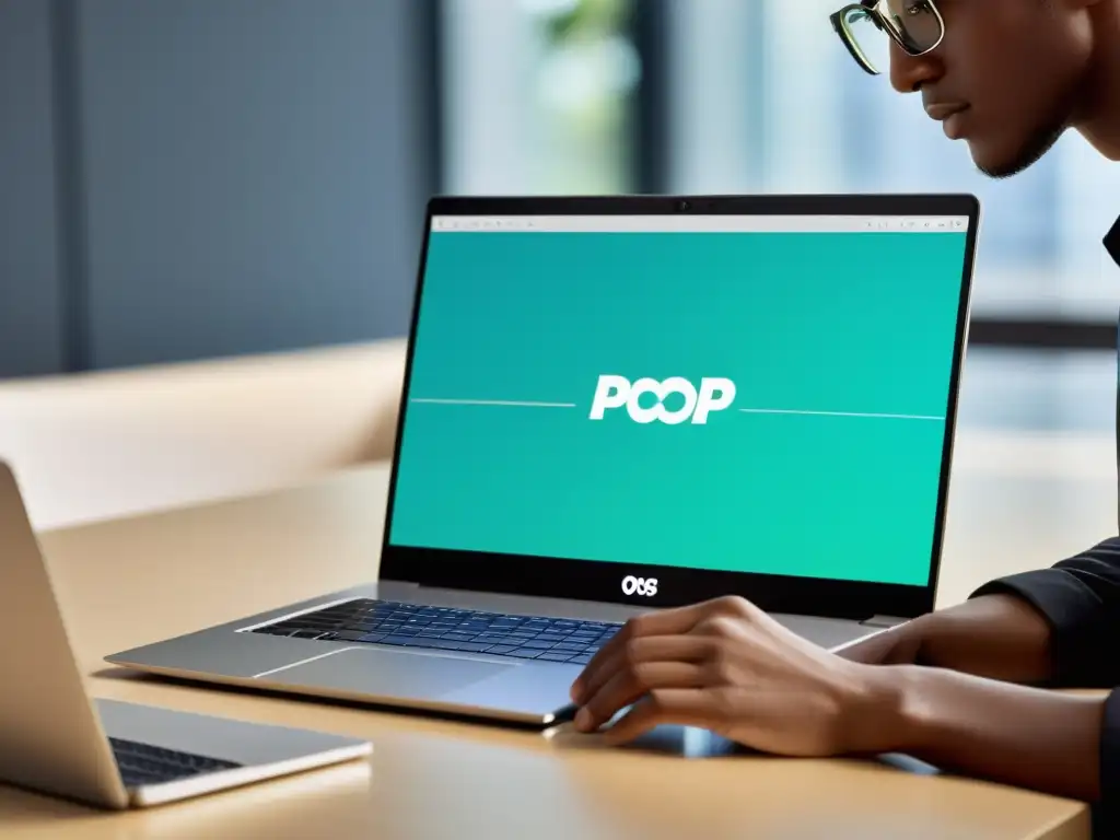 Un creativo inmerso en su trabajo con Pop!_OS para creativos y desarrolladores en su laptop moderna, en un espacio luminoso y minimalista