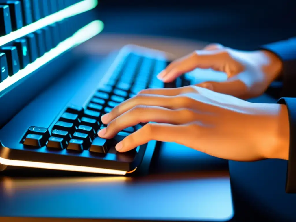 Manos expertas en teclado: Automatización precisa en Linux Cursos de automatización en Linux: Imagen impactante de una persona tecleando en un teclado moderno, resaltando la precisión y el ambiente minimalista