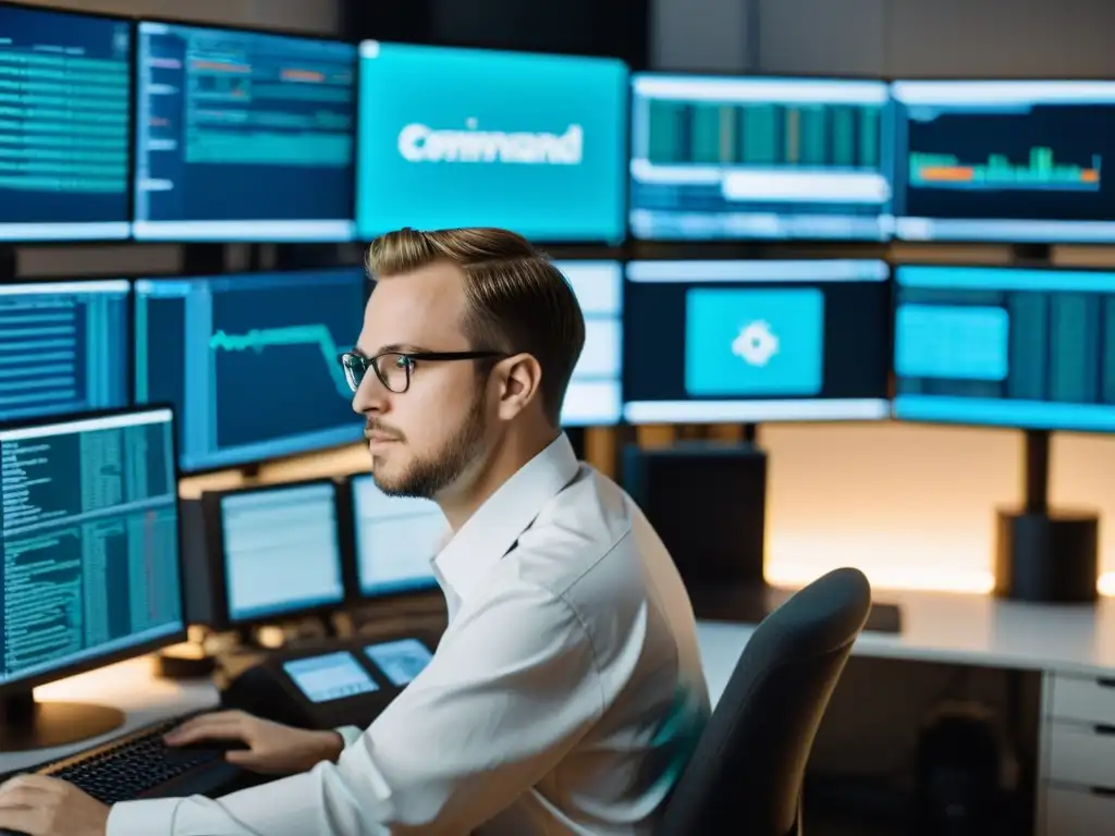 Experto en Linux en acción: Automatización y eficiencia profesional 'Cursos de automatización en Linux: Profesional concentrado en su escritorio, supervisando scripts en múltiples pantallas de ordenador