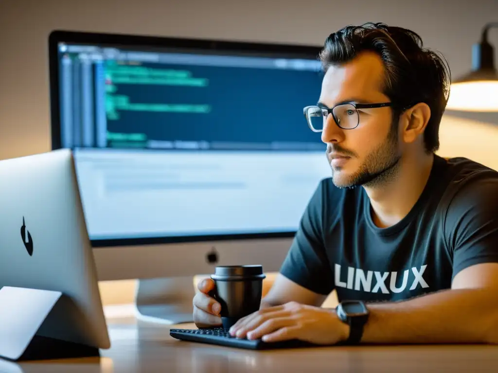 Un desarrollador backend API RESTful se sumerge en su trabajo en Linux, rodeado de documentación y una taza de café
