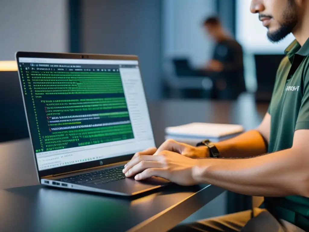 Un desarrollador tecleando código en un laptop moderno con una pantalla mostrando un script de Node