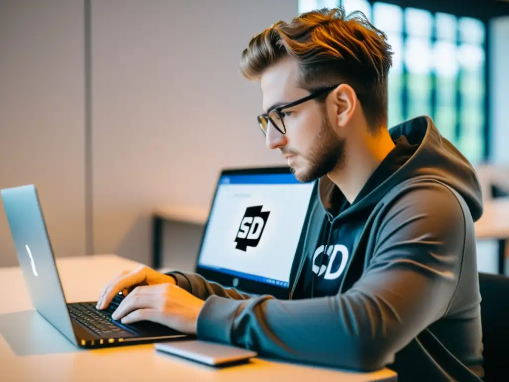 Desarrollador C# en BSD: Elegancia minimalista Un desarrollador escribe código C# en un laptop con una pegatina del logo BSD