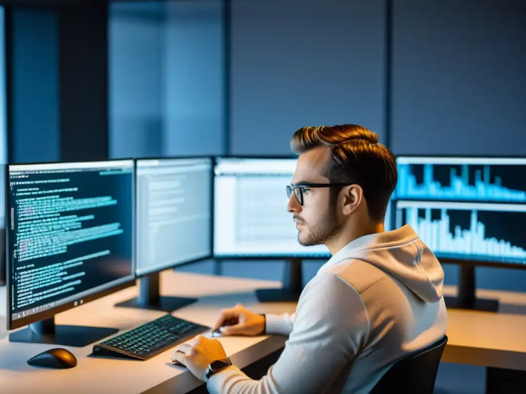Un desarrollador escribe código para una aplicación GTK Linux, rodeado de monitores en un entorno profesional y moderno