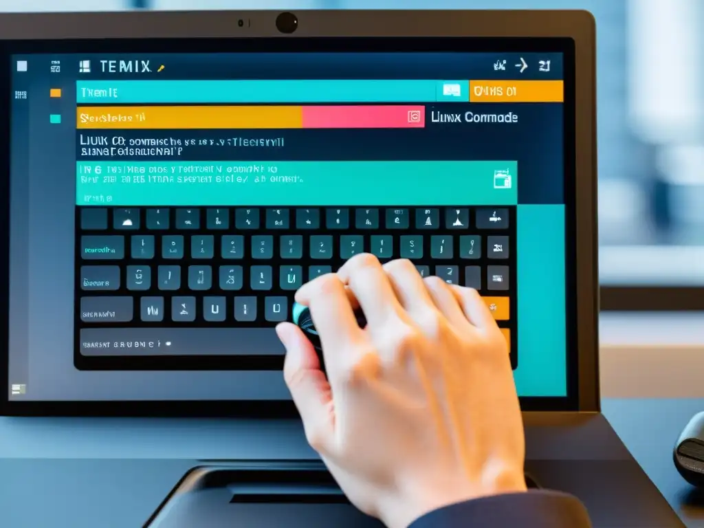 Un desarrollador tecleando comandos esenciales de Linux en una interfaz moderna y colorida
