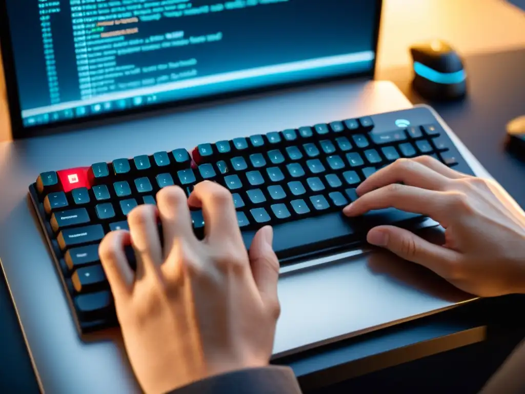 Un desarrollador ejecutando comandos de Git en un elegante teclado, enfocado y preciso