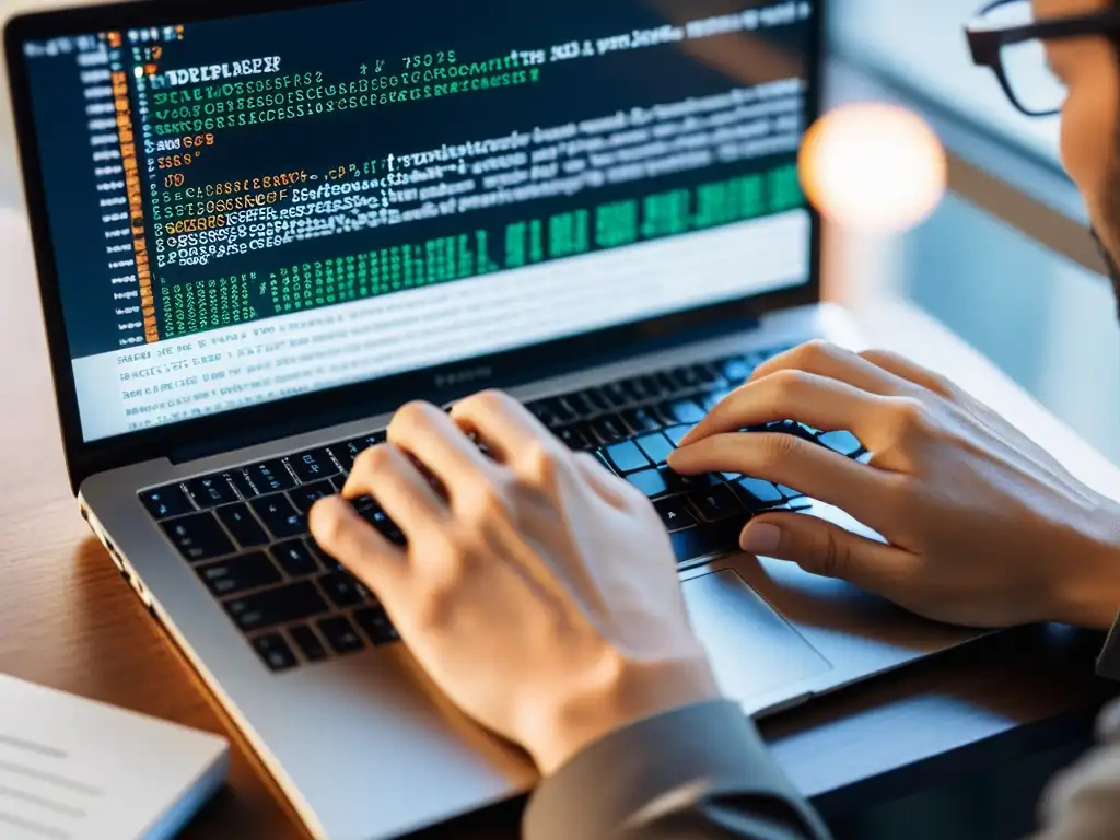 Un desarrollador concentrado optimiza código en Linux, bañado por cálida luz natural