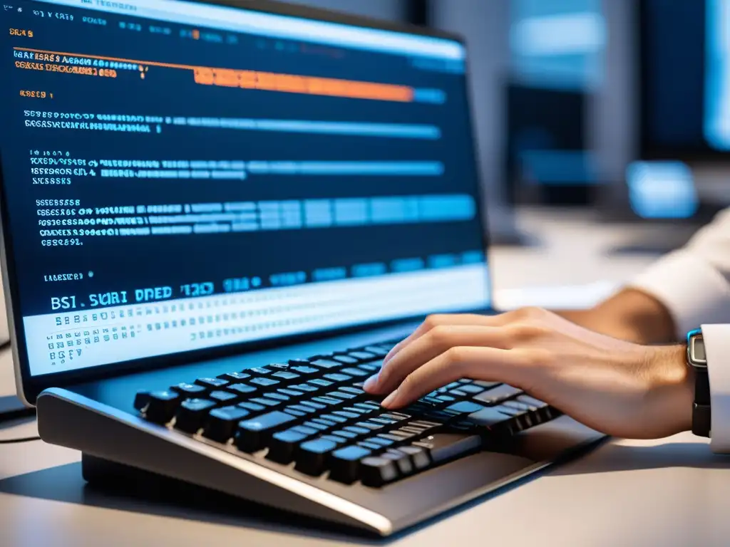 Un desarrollador concentrado trabaja en un elegante entorno minimalista, mostrando las mejores herramientas de programación en BSD