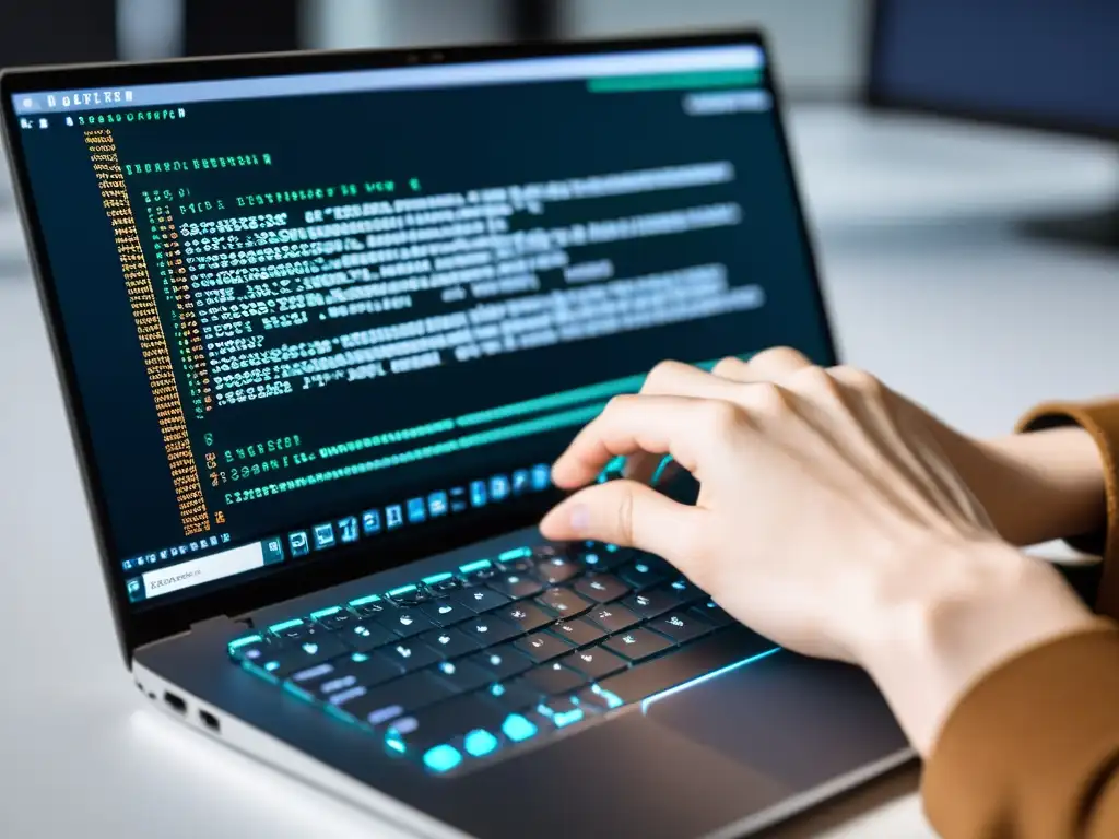 Un desarrollador teclea con precisión líneas de código en un portátil moderno, mostrando su destreza en Proyectos de Código Abierto BSD