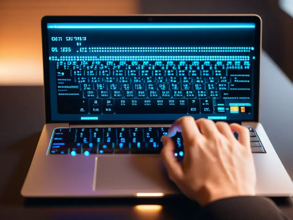 Un desarrollador teclea en un moderno portátil, con una terminal que muestra código