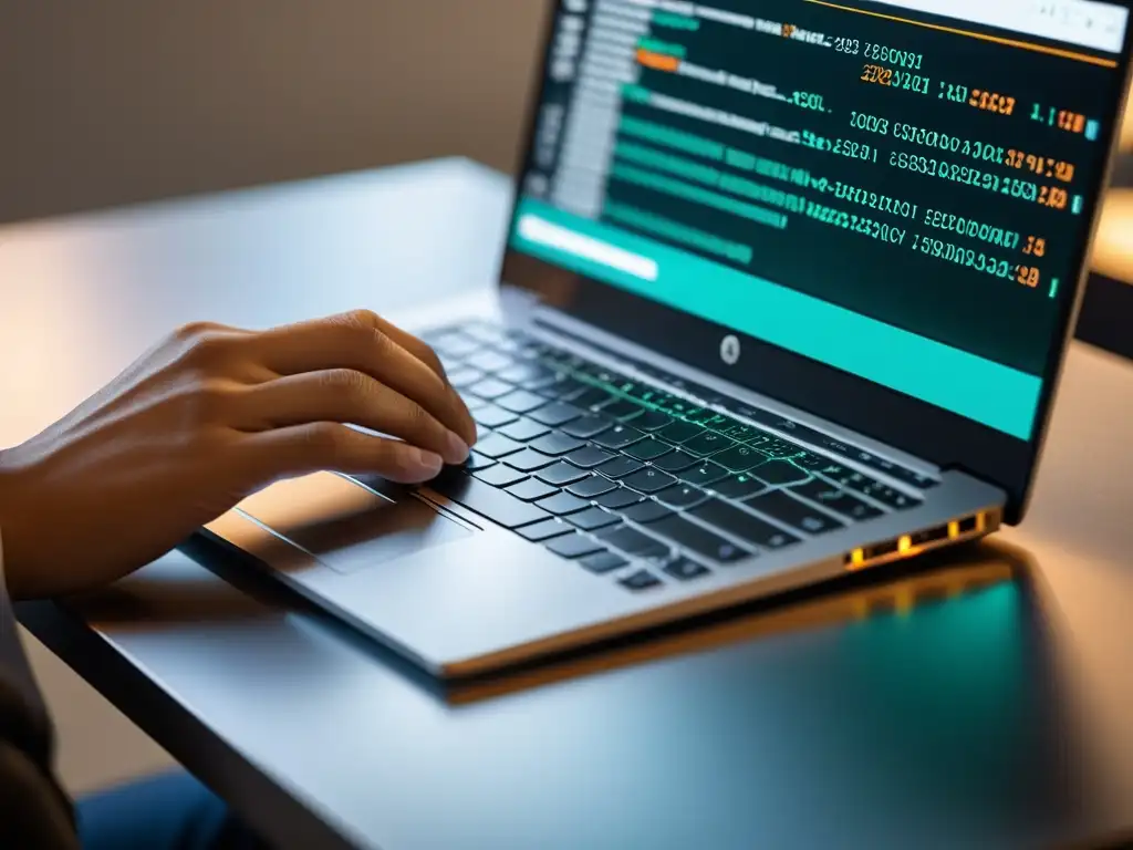 Un desarrollador teclea en un portátil moderno con líneas de código en la pantalla, mostrando el poder de Linux para el desarrollo profesional