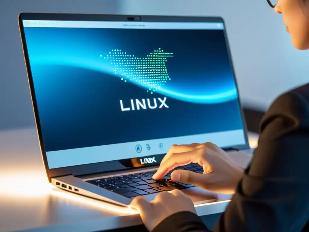 Un desarrollador de software en Linux, concentrado y determinado, escribe código en un elegante portátil en un espacio minimalista y ordenado
