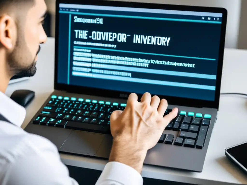 Un desarrollador personaliza software gestión inventarios compatible BSD en un espacio minimalista y profesional