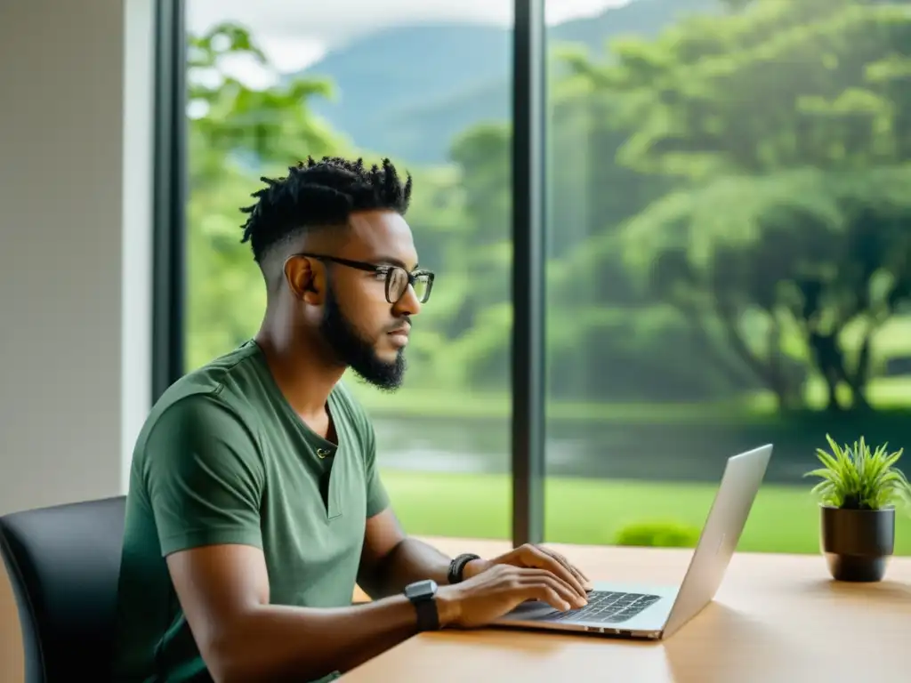 Desarrollador de software libre concentrado, escribiendo código en un moderno portátil, con vista a un paisaje verde