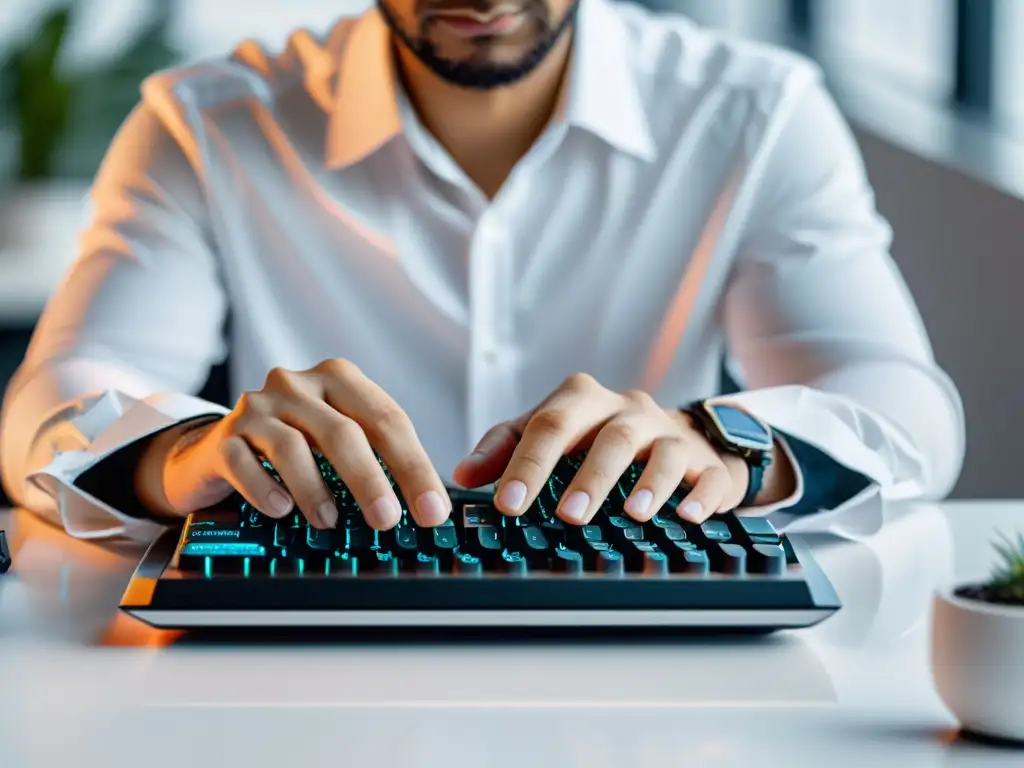 Un desarrollador teclea en un teclado moderno, con líneas de código reflejadas en sus gafas