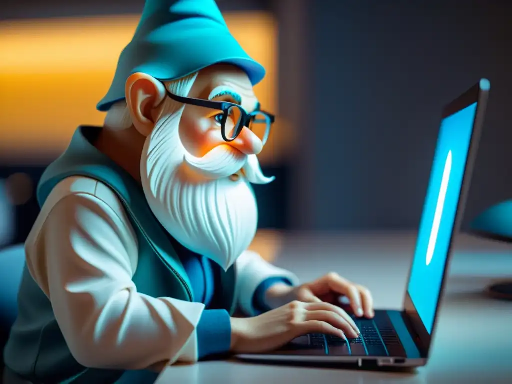 Un desarrollador GNOME escribe código Vala en su laptop, rodeado de un entorno minimalista y futurista