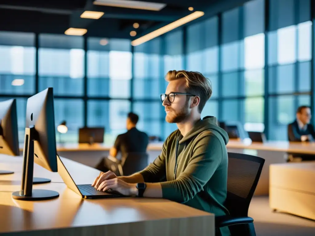 Desarrollador web enfocado en código en oficina minimalista con grandes ventanas, destacando las mejores prácticas de desarrollo web en Linux