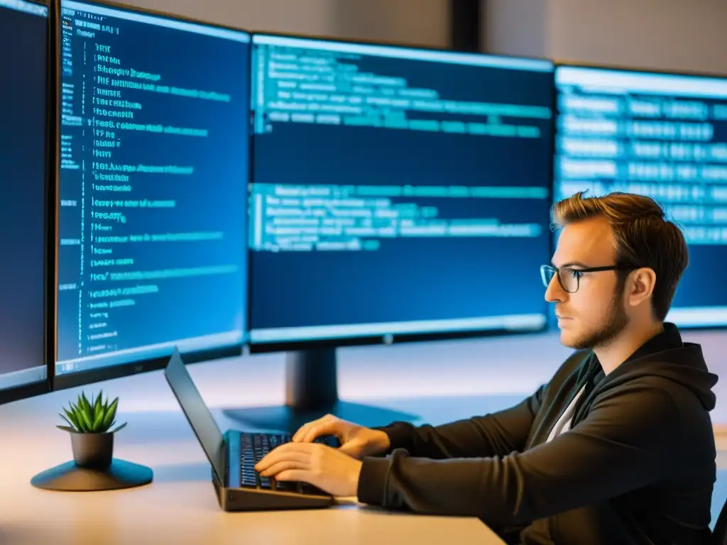 Un desarrollador web enfocado trabaja en un entorno Linux, rodeado de pantallas con código
